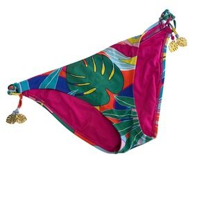 Bleu Rod Beattie Bikini Bottoms 4 Multicolor Tropical Palm Leaf Side Tie Gold